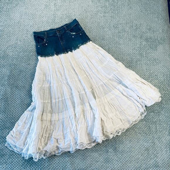 vintage retro y2k maurices cottage core blue denim low rise/white maxi skirt - Picture 1 of 8